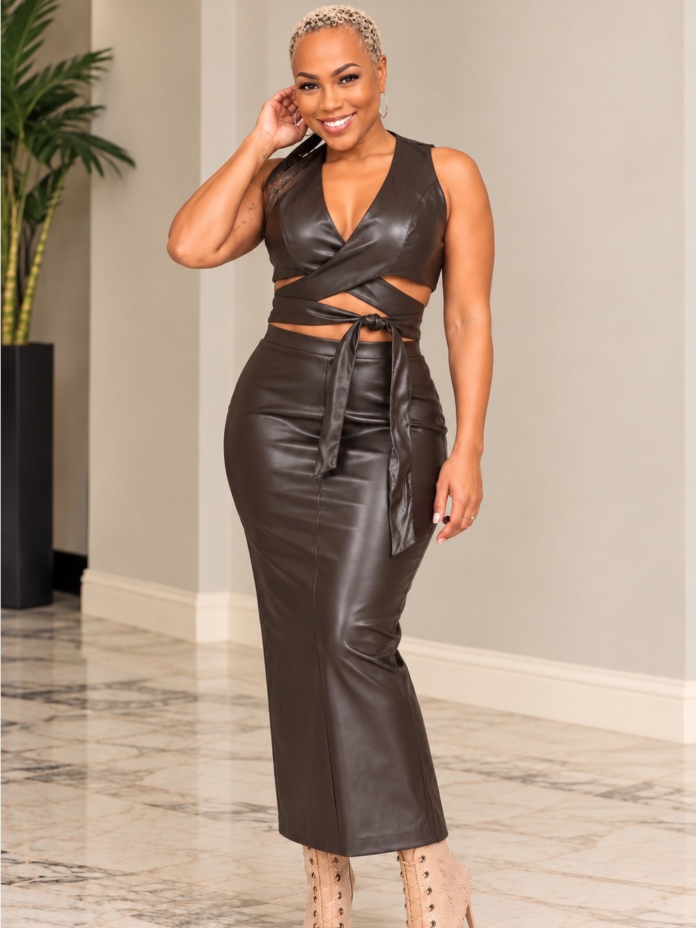 WIN WIN Brown Faux Leather Wrap Crop Top & Midi Skirt Set